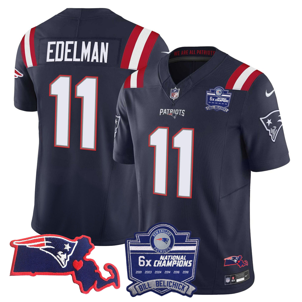 Women's Patriots Bill Belichick 6x Champions Patch Vapor Jersey - All Stitched - Navy - Julian Edelman — view 1