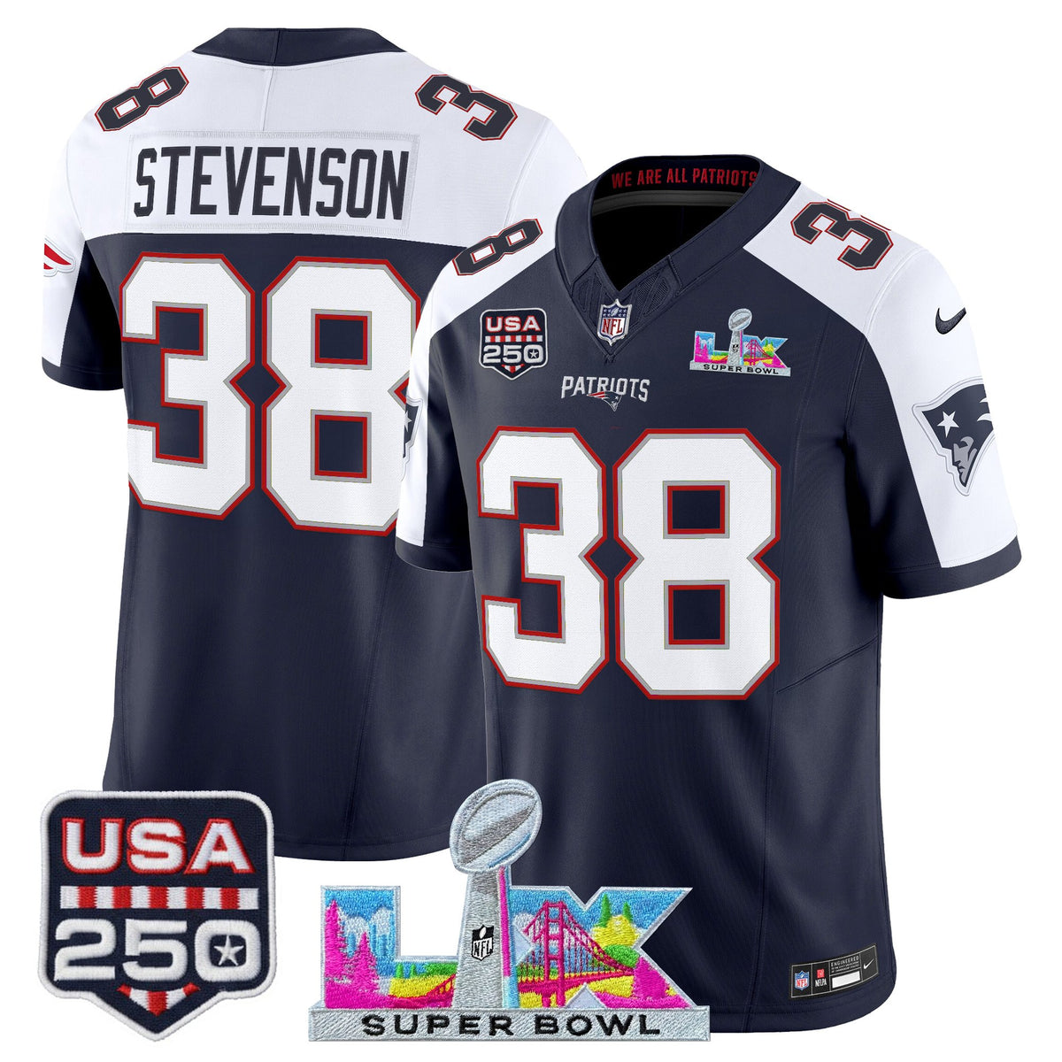 Men's New England Patriots Super Bowl LX & United States 250th Anniversary Patch Vapor Limite ~25cf8277 - Navy Alternate - Rhamondre Stevenson — view 1