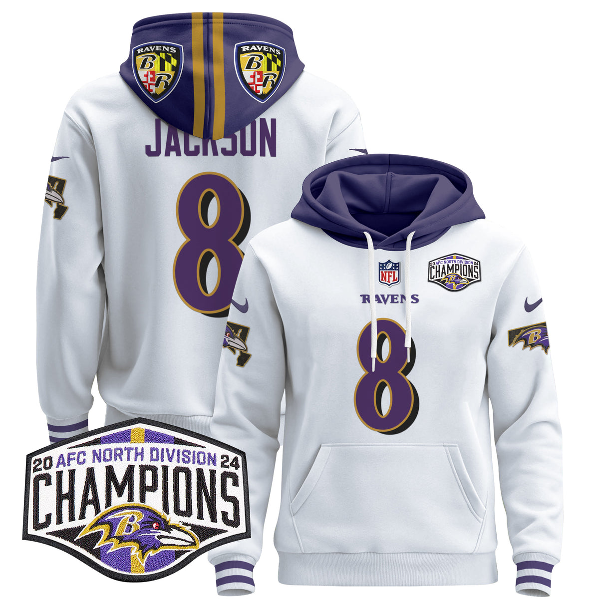 Men's Baltimore Ravens 2024 AFC North Division Champions Patch Pullover Hoodie V2 - All Stitched - White - Lamar Jackson — view 1