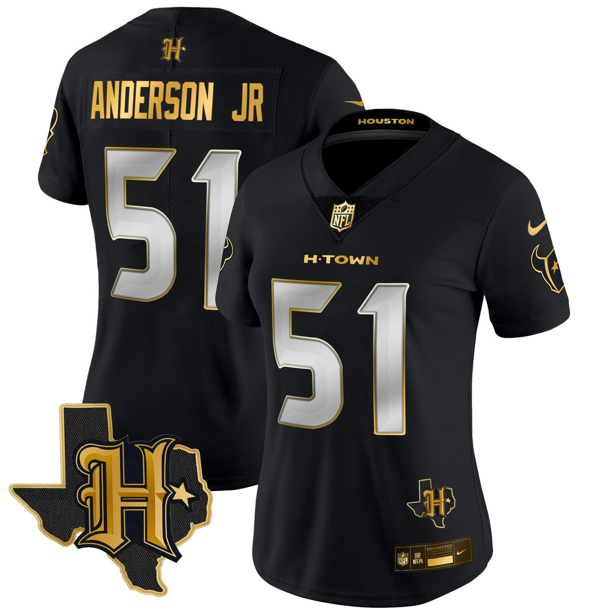 Women's Houston Texans 2024 Texas Patch Gold Vapor Limited Jersey - All Stitched - Black Limited - Will Anderson Jr — view 1