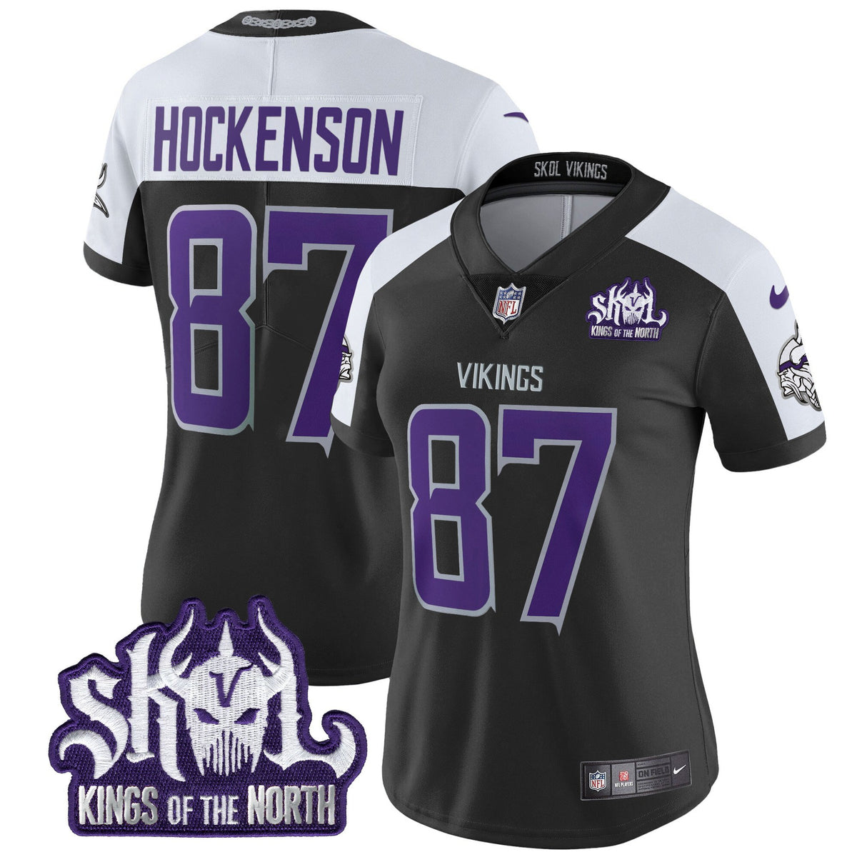 Women's Minnesota Vikings 2024 Winter Warrior Skol Patch Vapor Limited Jersey - All Stitched - Black Alternate - T.J. Hockenson — view 1