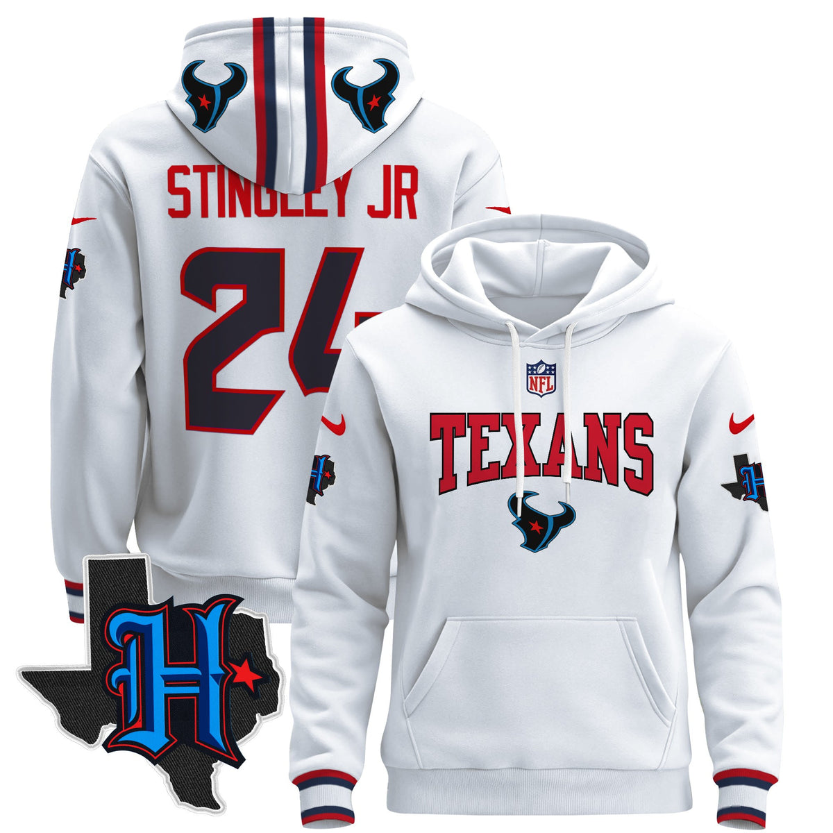Men's Houston Texans 2024 Pullover Hoodie V3 - All Stitched - White - Derek Stingley Jr — view 1