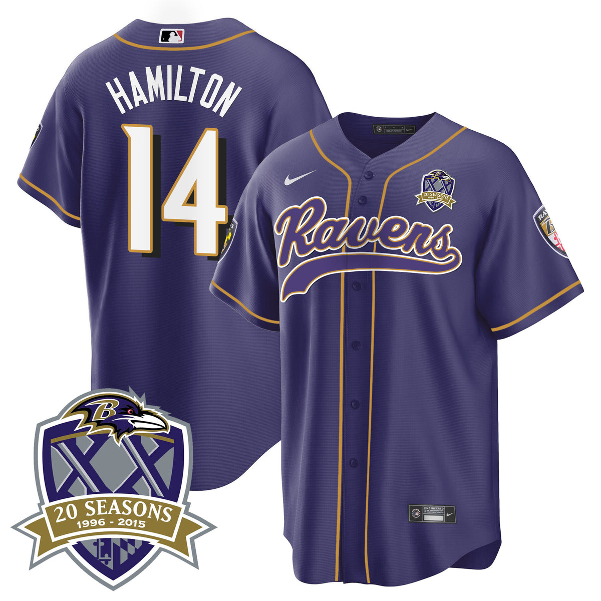 Men's Ravens 20th Season Patch Baseball Jersey - All Stitched - Purple - Kyle Hamilton — view 1