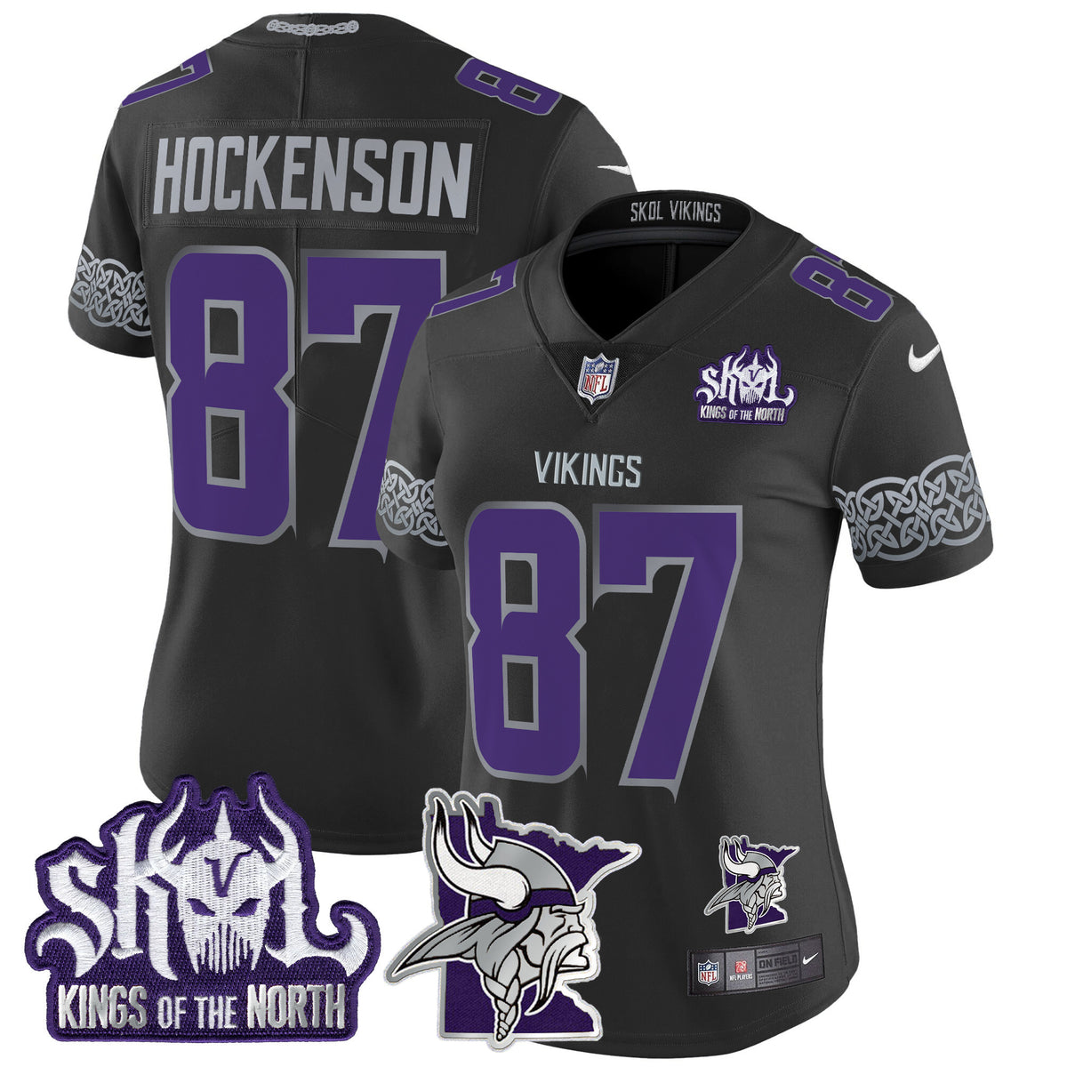 Women's Minnesota Vikings 2024 Winter Warrior Skol Patch Vapor Limited Jersey V2 - All Stitched - Black - T.J. Hockenson — view 1