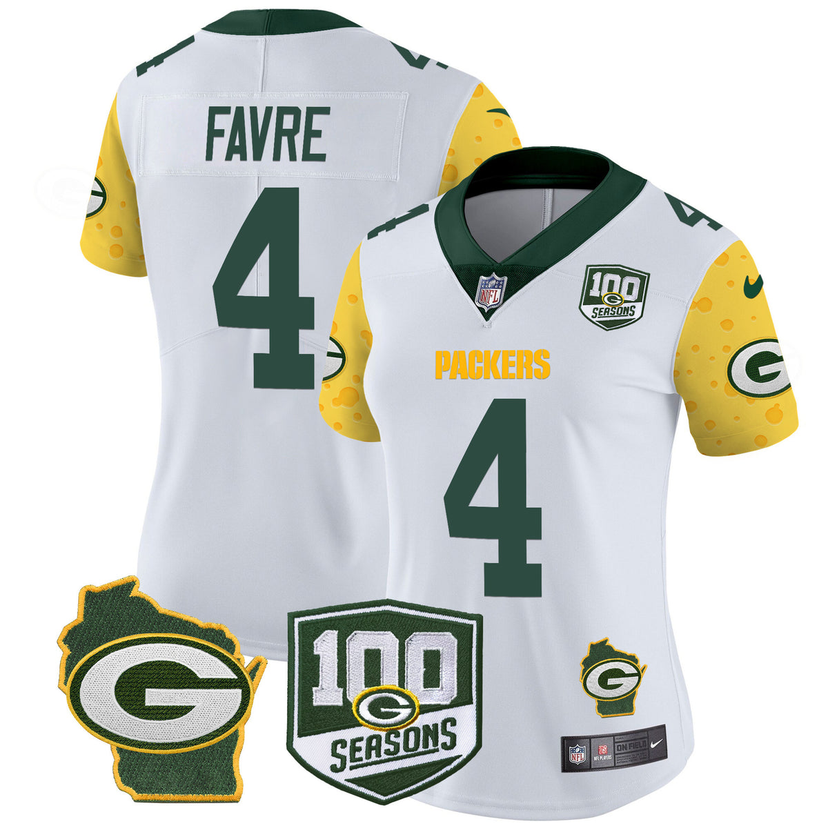 Women's Packers 100th Season & Home Patch Cheese Vapor Limited Jersey – All Stitched - White - Brett Favre — view 1