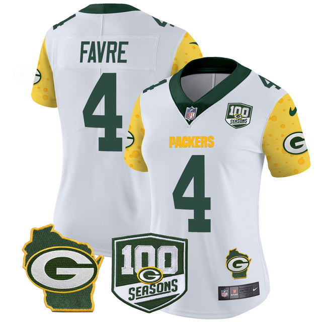 Women's Packers 100th Season & Home Patch Cheese Vapor Limited Jersey – All Stitched - White - Brett Favre — view 1