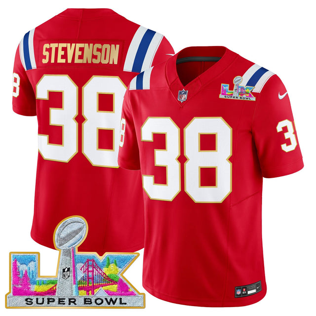 Men's New England Patriots Super Bowl LX Gold Trim Vapor Limited Jersey - All Stitched - Red - Rhamondre Stevenson — view 1