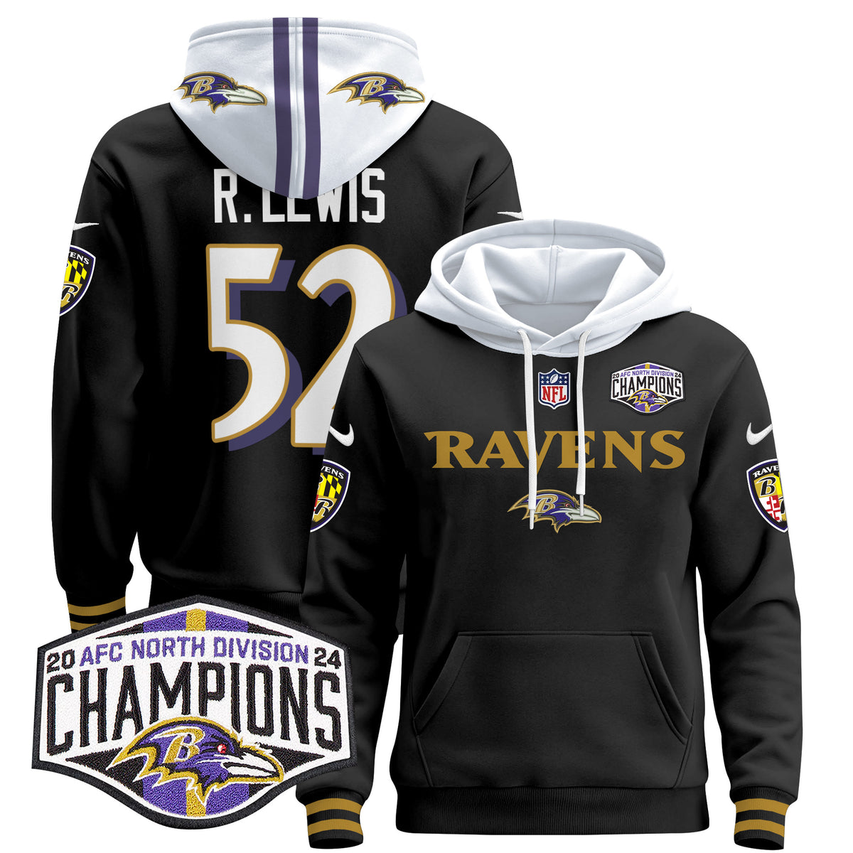 Men's Baltimore Ravens 2024 AFC North Division Champions Patch Pullover Hoodie - All Stitched - Black - Ray Lewis — view 1