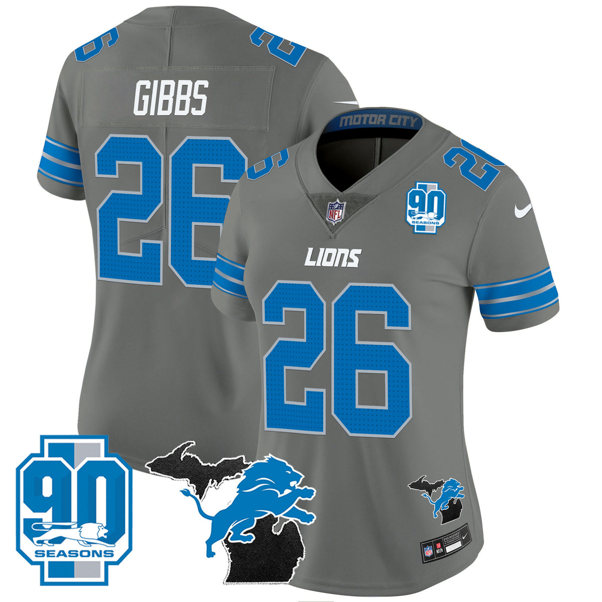 Women's Detroit Lions 2024 Michigan & 90th Year Patch Vapor Jersey - All Stitched - Gray - Jahmyr Gibbs — view 1