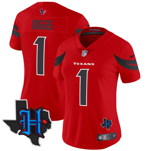 Women's Houston Texans 2024 Texas Patch Vapor Limited Jersey V3 - All Stitched - Red - Stefon Diggs — view 1