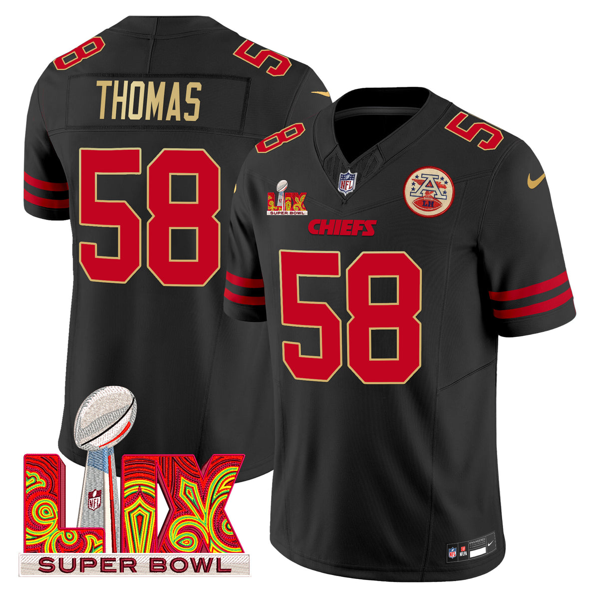 Men's Chiefs Super Bowl LIX Patch Gold Trim Vapor Limited Jersey - All Stitched - Black - Derrick Thomas — view 1