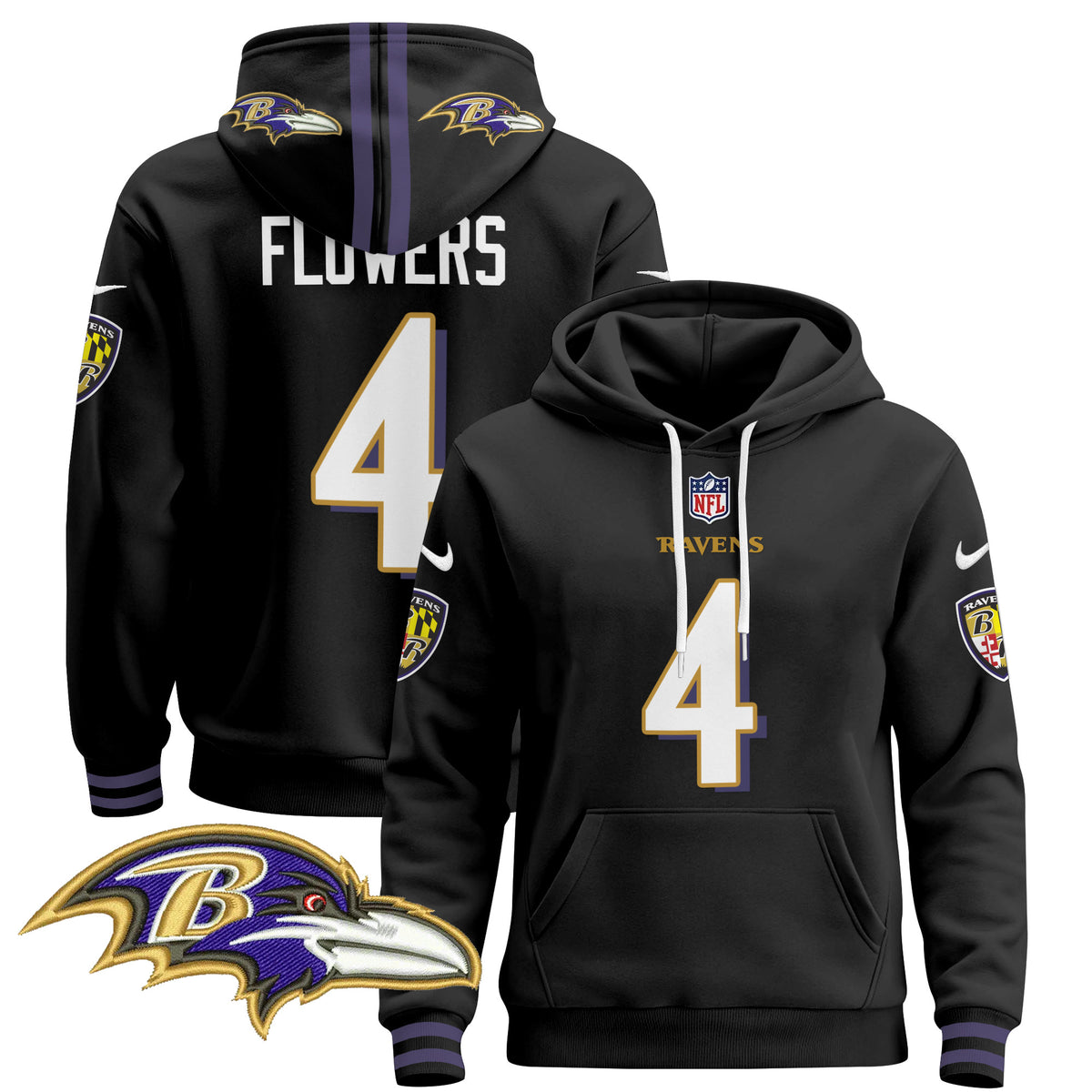 Men's Baltimore Ravens 2024 Pullover Hoodie V4 - All Stitched - Black - Zay Flowers — view 1