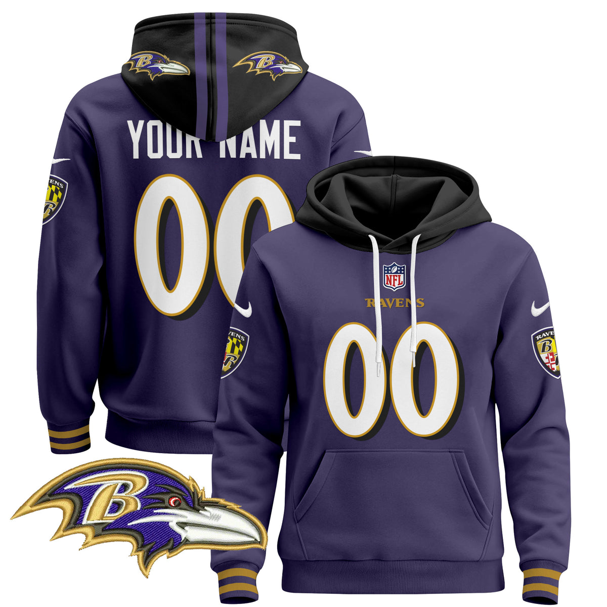 Baltimore Ravens 2024 Custom Pullover Hoodie V4 - All Stitched - Purple — view 1