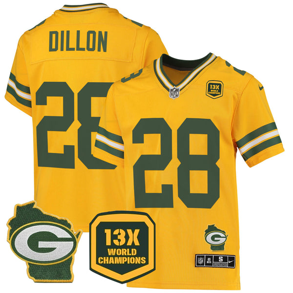 Men's Packers 13 Time World Champions & Home Patch Game Jersey – All Stitched - Gold - AJ Dillon — view 1