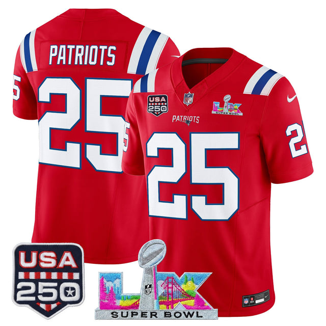 Men's New England Patriots Super Bowl LX & United States 250th Anniversary Patch Vapor Limited Jersey - All Stitched - Red - #25 Patriots — view 1