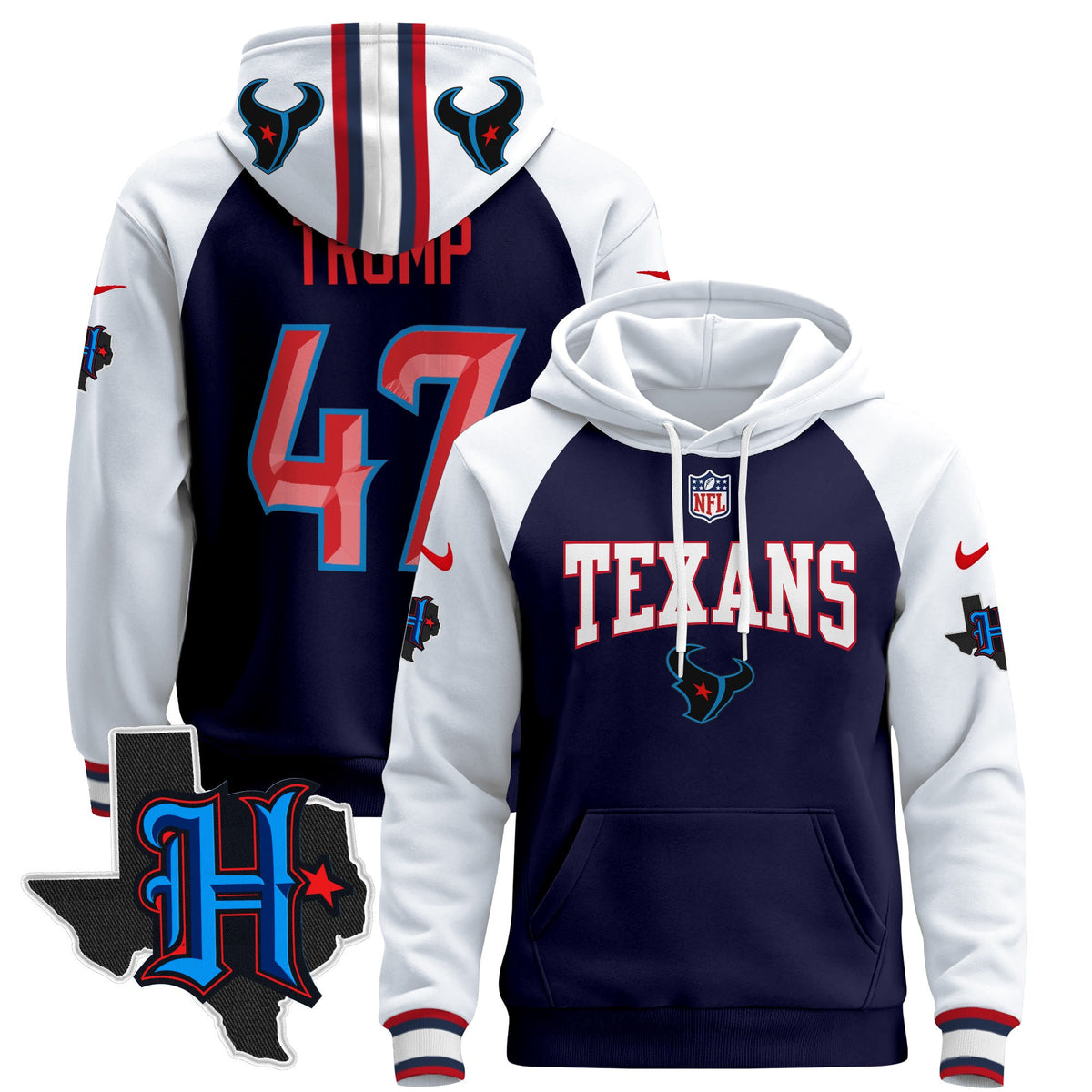 Men's Houston Texans 2024 Pullover Hoodie V3 - All Stitched - Navy Alternate - Donald Trump — view 1