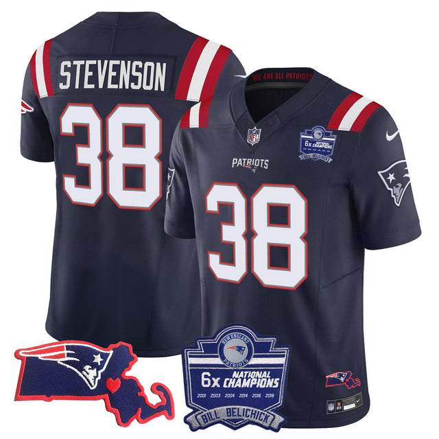 Men's Patriots Bill Belichick 6x Champions Patch Vapor Jersey - All Stitched - Navy - Rhamondre Stevenson — view 1