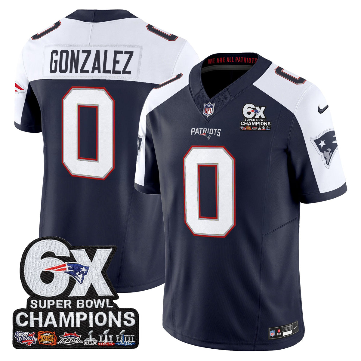Men's New England Patriots 6-Time Champions Patch Vapor Limited Jersey - All Stitched - Navy Alternate - Christian Gonzalez — view 1