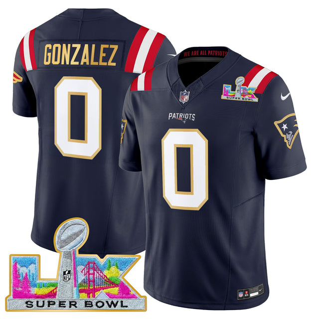 Men's New England Patriots Super Bowl LX Gold Trim Vapor Limited Jersey - All Stitched - Navy - Christian Gonzalez — view 1