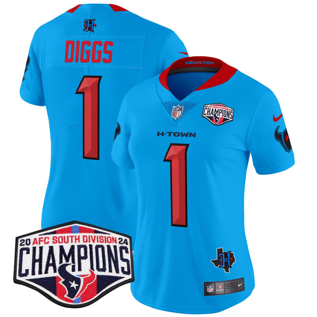 Women's Houston Texans 2024 AFC South Division Champions Patch Vapor Limited Jersey - All Stitched - Blue - Stefon Diggs — view 1