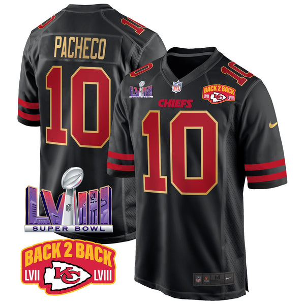 Men's Chiefs Super Bowl LVIII & Back 2 Back Patch Game Jersey - All Stitched - Gold Trim - Isiah Pacheco — view 1