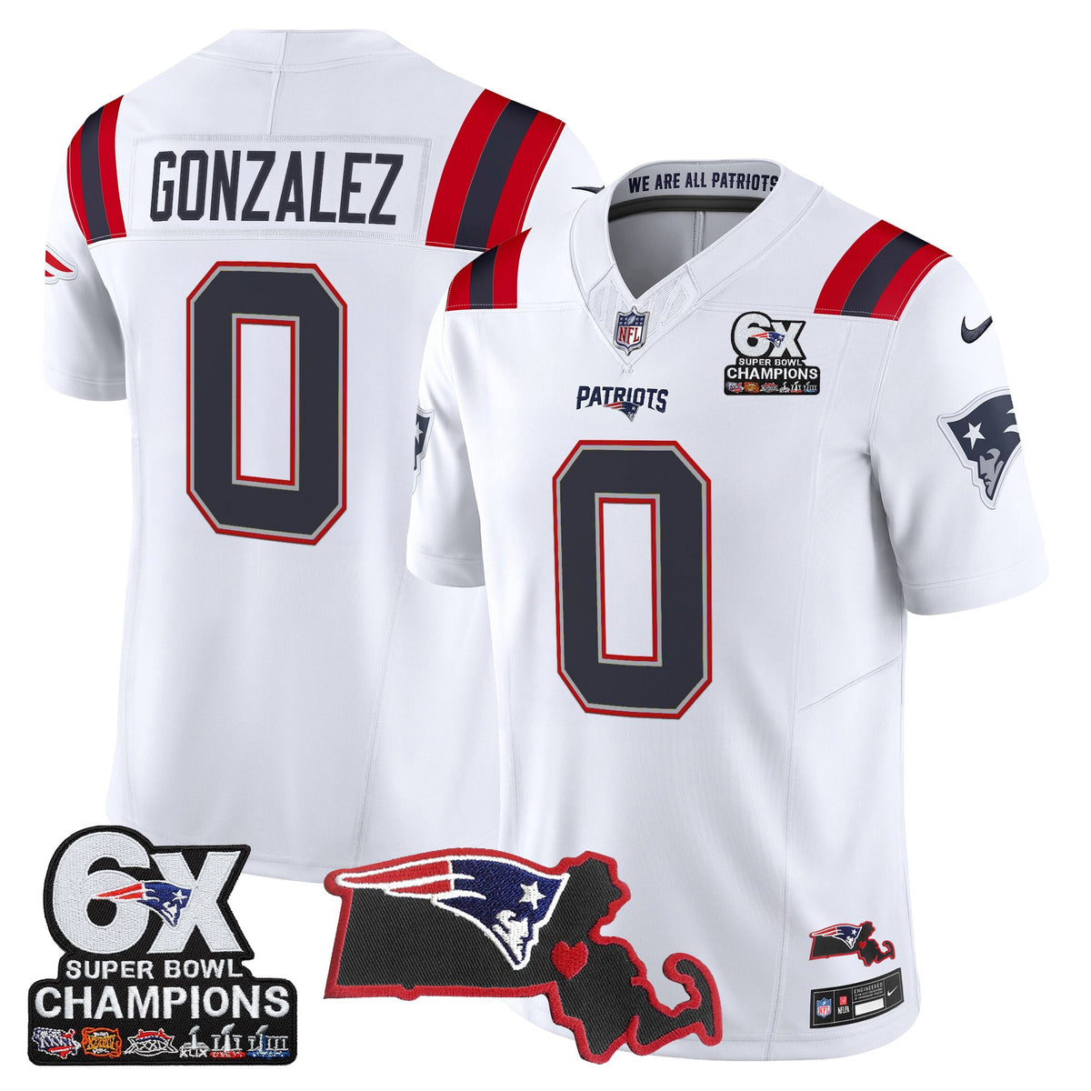 Men's New England Patriots 6-Time Champions & Massachusetts Patch Vapor Limited Jersey - All Stitched - White - Christian Gonzalez — view 1