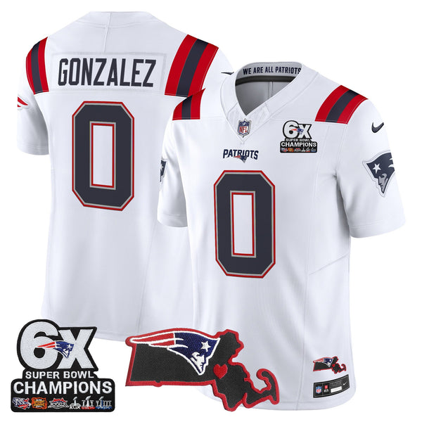 Men's New England Patriots 6-Time Champions & Massachusetts Patch Vapor Limited Jersey - All Stitched - White - Christian Gonzalez — view 1