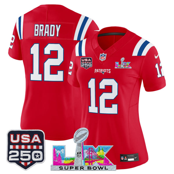 Women's New England Patriots Super Bowl LX & United States 250th Anniversary Patch Vapor Limited Jersey - All Stitched - Red - Tom Brady — view 1