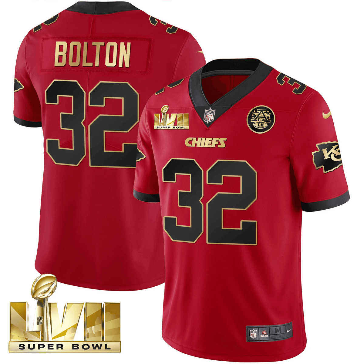 Men's Chiefs Super Bowl LVII Gold Trim Vapor V2 Jersey - All Stitched - Red - Nick Bolton — view 1