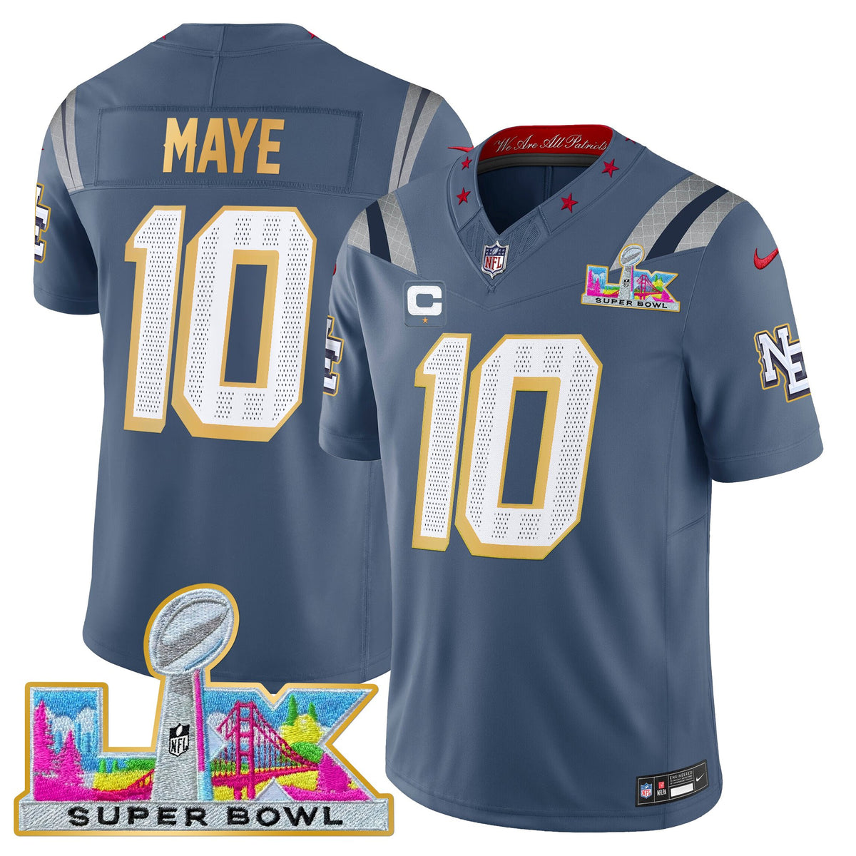 Men's New England Patriots Super Bowl LX Gold Trim Vapor Limited Jersey - All Stitched - Storm Blue - Drake Maye — view 1