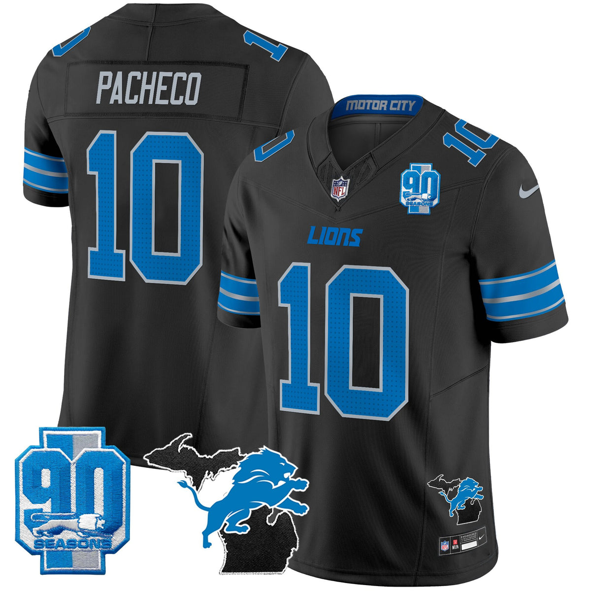 Men's Detroit Lions 2025 Michigan & 90th Year Patch Vapor Jersey - All Stitched - Black - Isiah Pacheco — view 1