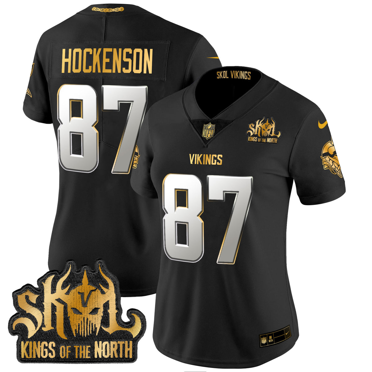 Women's Minnesota Vikings 2024 Winter Warrior Skol Patch Gold Vapor Limited Jersey - All Stitched - Black Limited - T.J. Hockenson — view 1