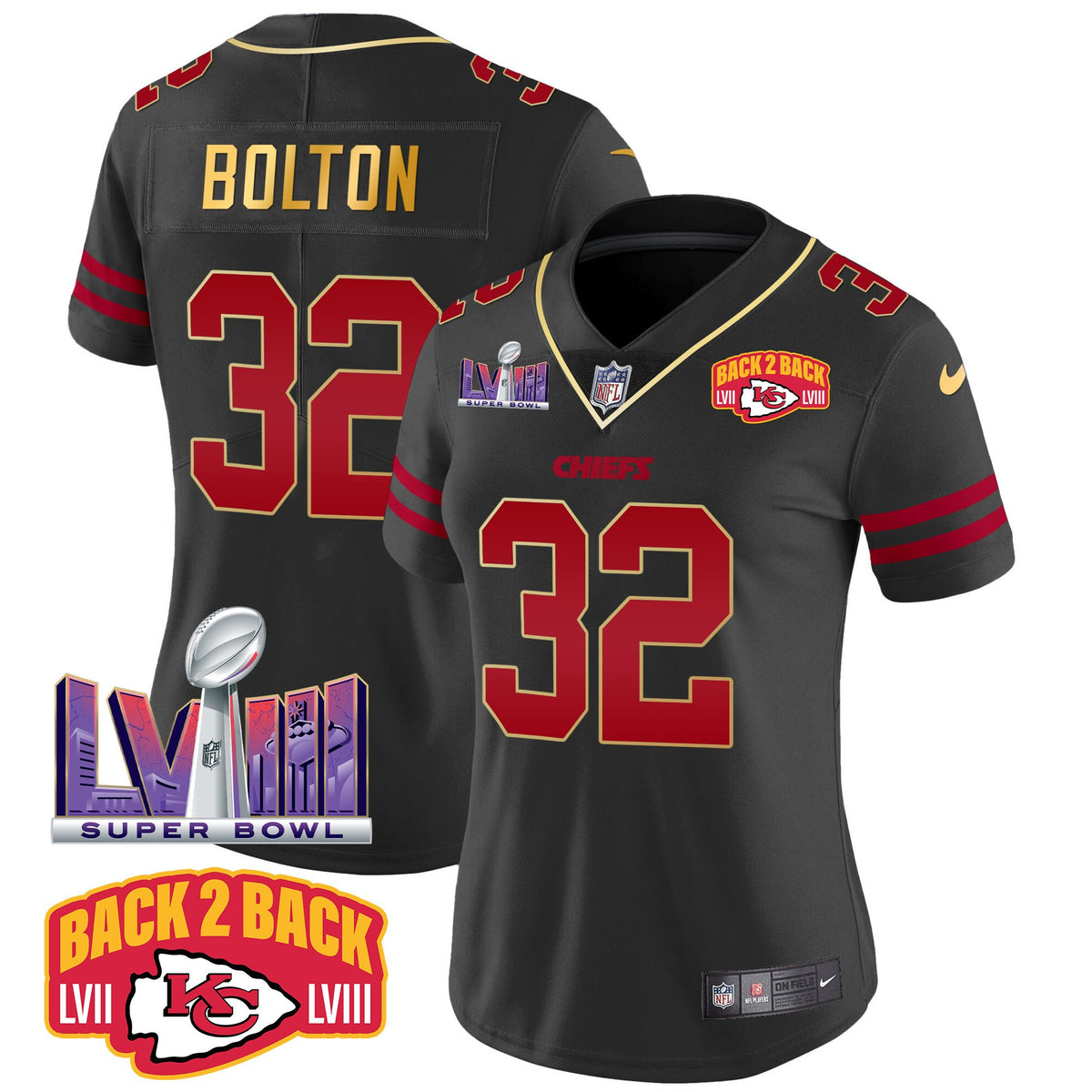 Women's Chiefs Super Bowl LVIII & Back 2 Back Patch Vapor Jersey - All Stitched - Gold Trim - Nick Bolton — view 1
