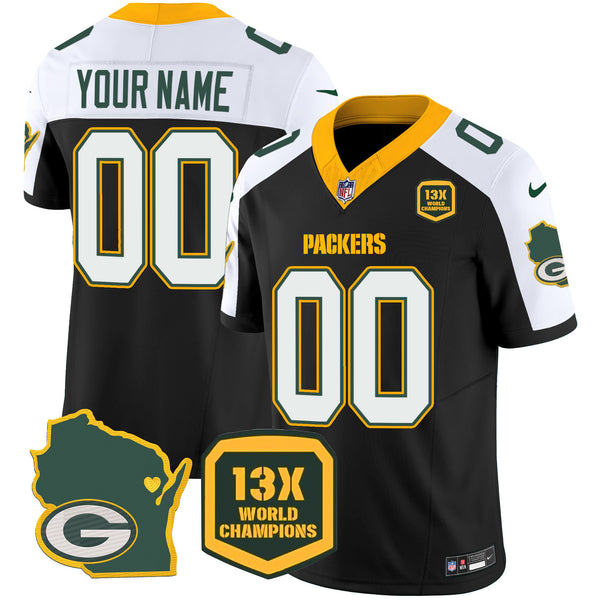 Packers 13 Time World Champions & Home Patch Vapor Custom Jersey V2 – All Stitched - Black Alternate — view 1