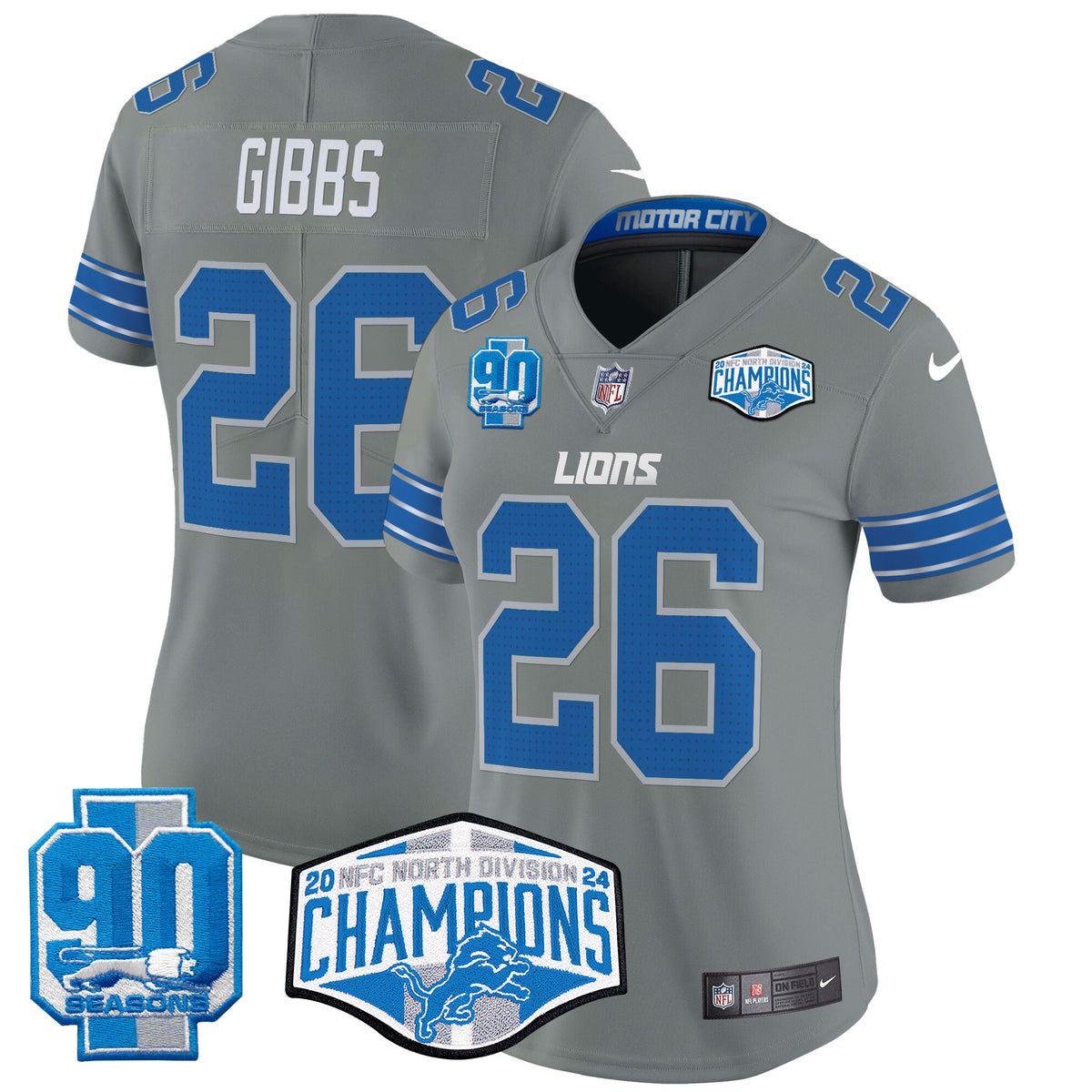 Women's Detroit Lions 2024 NFC North Division Champions Patch Vapor Limited Jersey - All Stitched - Gray - Jahmyr Gibbs — view 1