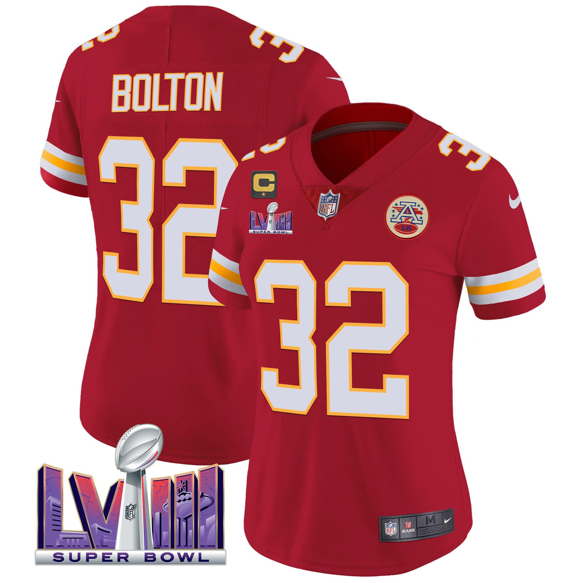 Women's Chiefs Super Bowl LVIII Patch Vapor Jersey - All Stitched - Red - Nick Bolton — view 1