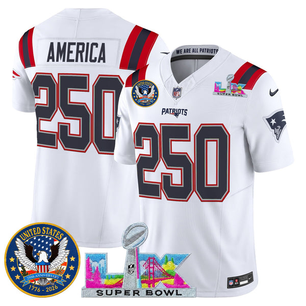 Men's New England Patriots Super Bowl LX & United States 250th Patch Vapor Limited Jersey - All Stitched - White - #250 America — view 1