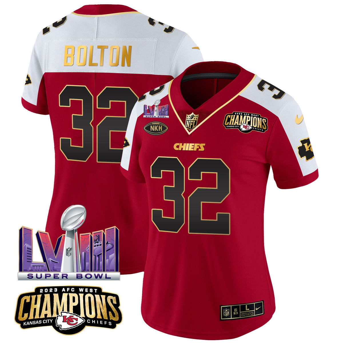 Women's Chiefs AFC West Champions & Super Bowl LVIII Patch Vapor Jersey - All Stitched - Red Alternate - Nick Bolton — view 1
