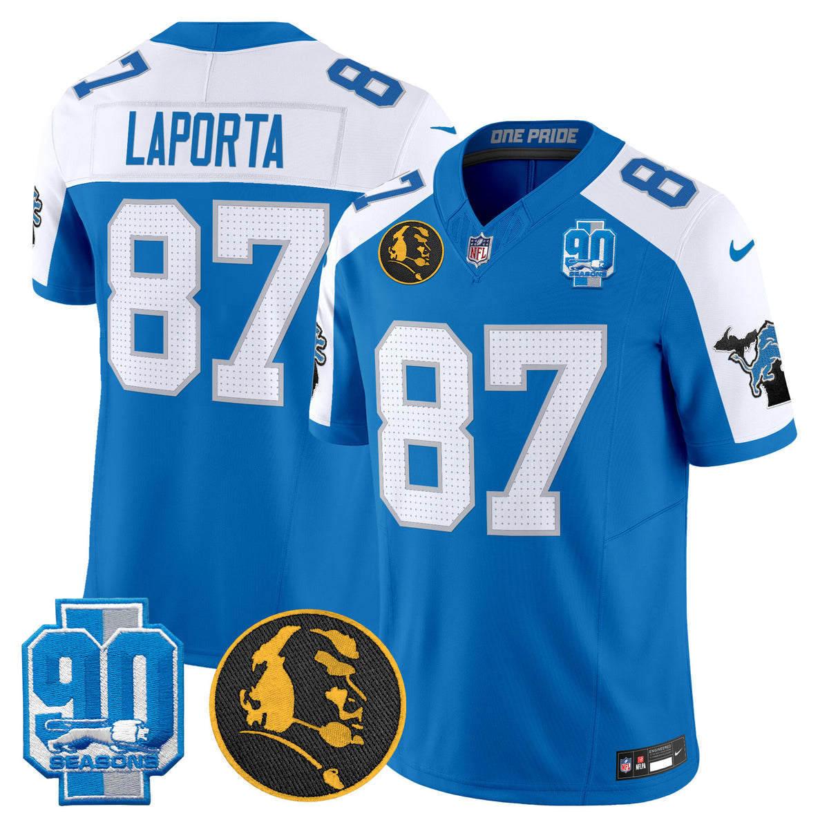 Men's Detroit Lions 2024 90th & John Madden Patch Vapor Limited Jersey - All Stitched - Blue Alternate - Sam Laporta — view 1