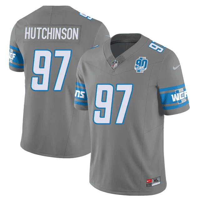 Men’s Detroit Lions 90th Year Patch Vapor Jersey V2 – All Stitched - Gray - Aidan Hutchinson — view 1