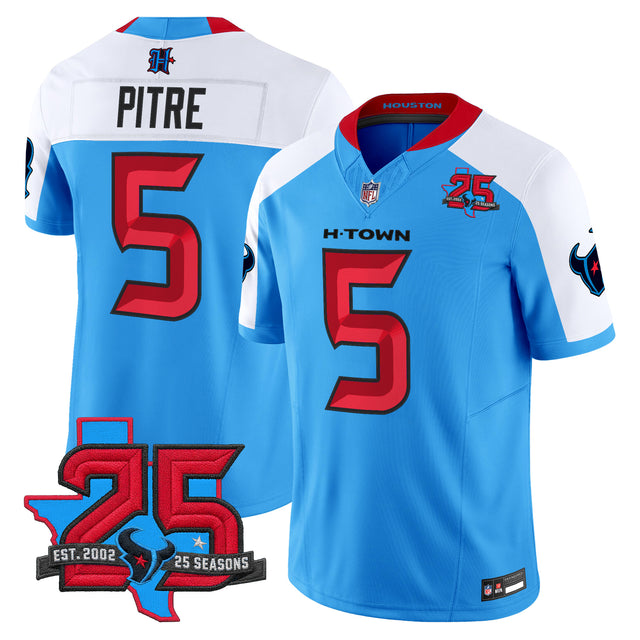 Men's Houston Texans 25th Year Anniversary Patch Vapor Limited Jersey - All Stitched - Blue Alternate - Jalen Pitre — view 1