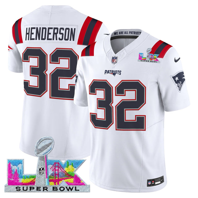 Men's New England Patriots Super Bowl LX Vapor Limited Jersey - All Stitched - White - TreVeyon Henderson — view 1