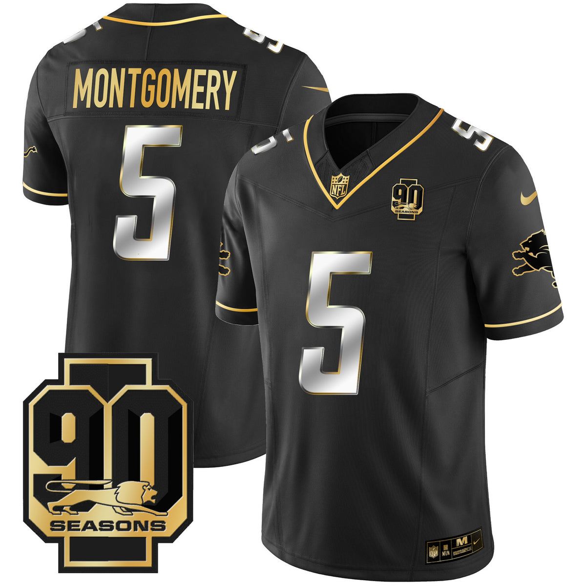 Men's Detroit Lions 90th Year Patch Gold Jersey - All Stitched - Black Limited - David Montgomery — view 1