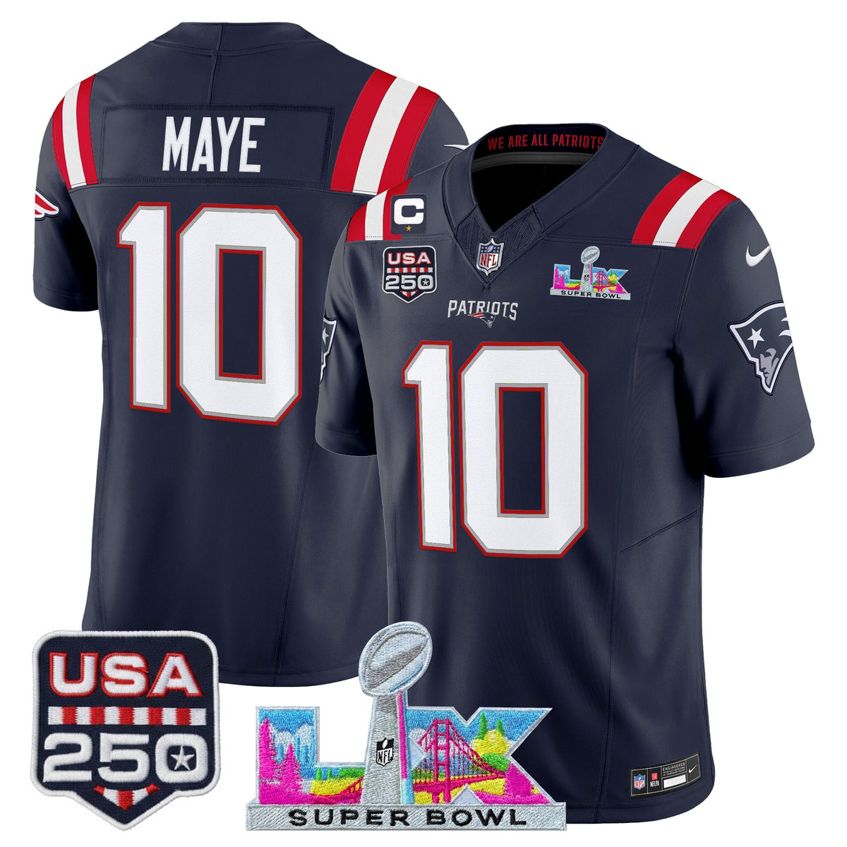 Men's New England Patriots Super Bowl LX & United States 250th Anniversary Patch Vapor Limited Jersey - All Stitched - Navy - Drake Maye — view 1