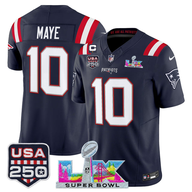 Men's New England Patriots Super Bowl LX & United States 250th Anniversary Patch Vapor Limited Jersey - All Stitched - Navy - Drake Maye — view 1