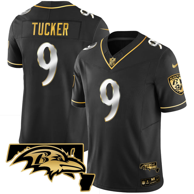Men's Ravens Maryland Patch Vapor Gold Jersey - All Stitched - Black Limited - Justin Tucker — view 1