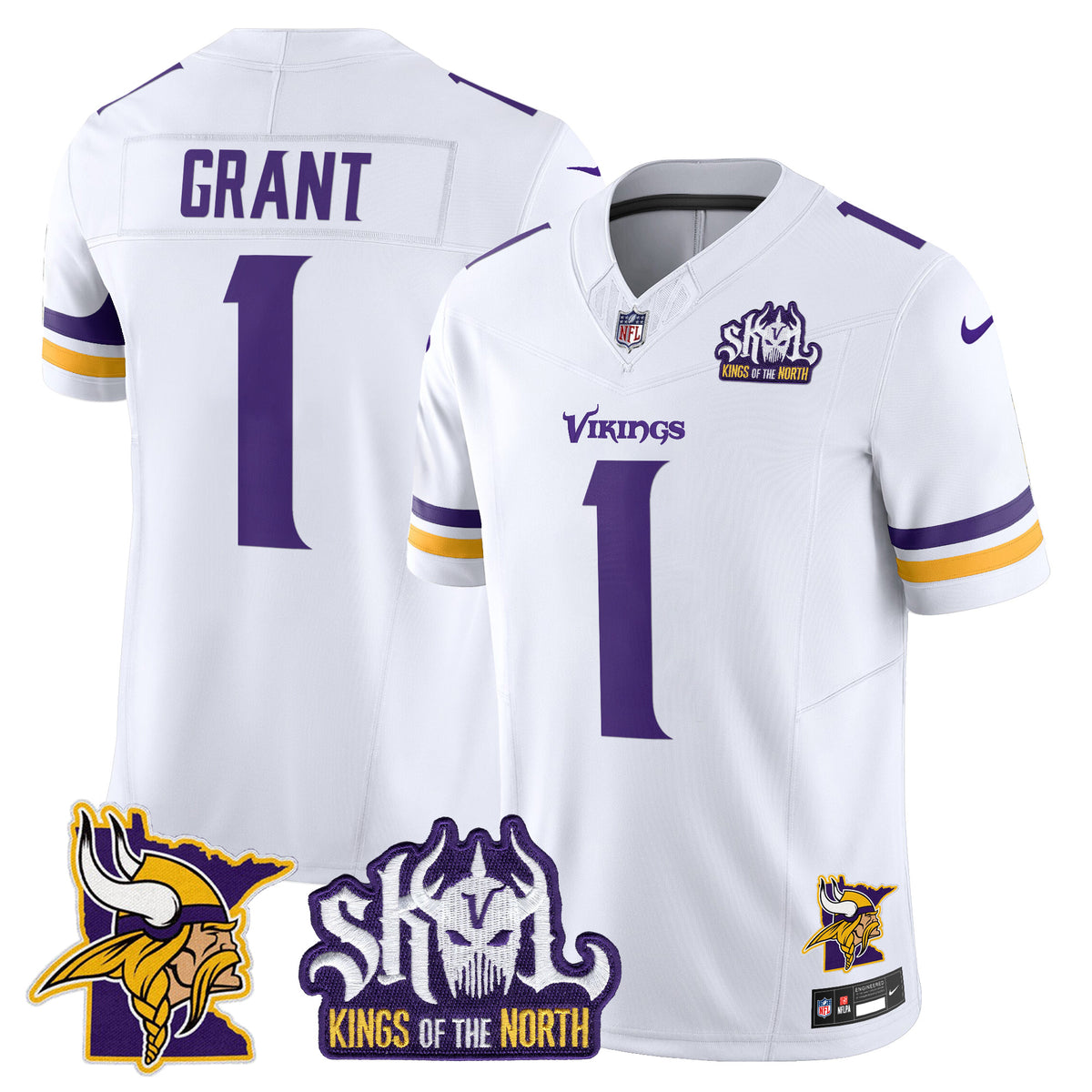 Men's Minnesota Vikings Kings Of The North Patch Vapor Limited Jersey V3 - All Stitched - White - Bud Grant — view 1