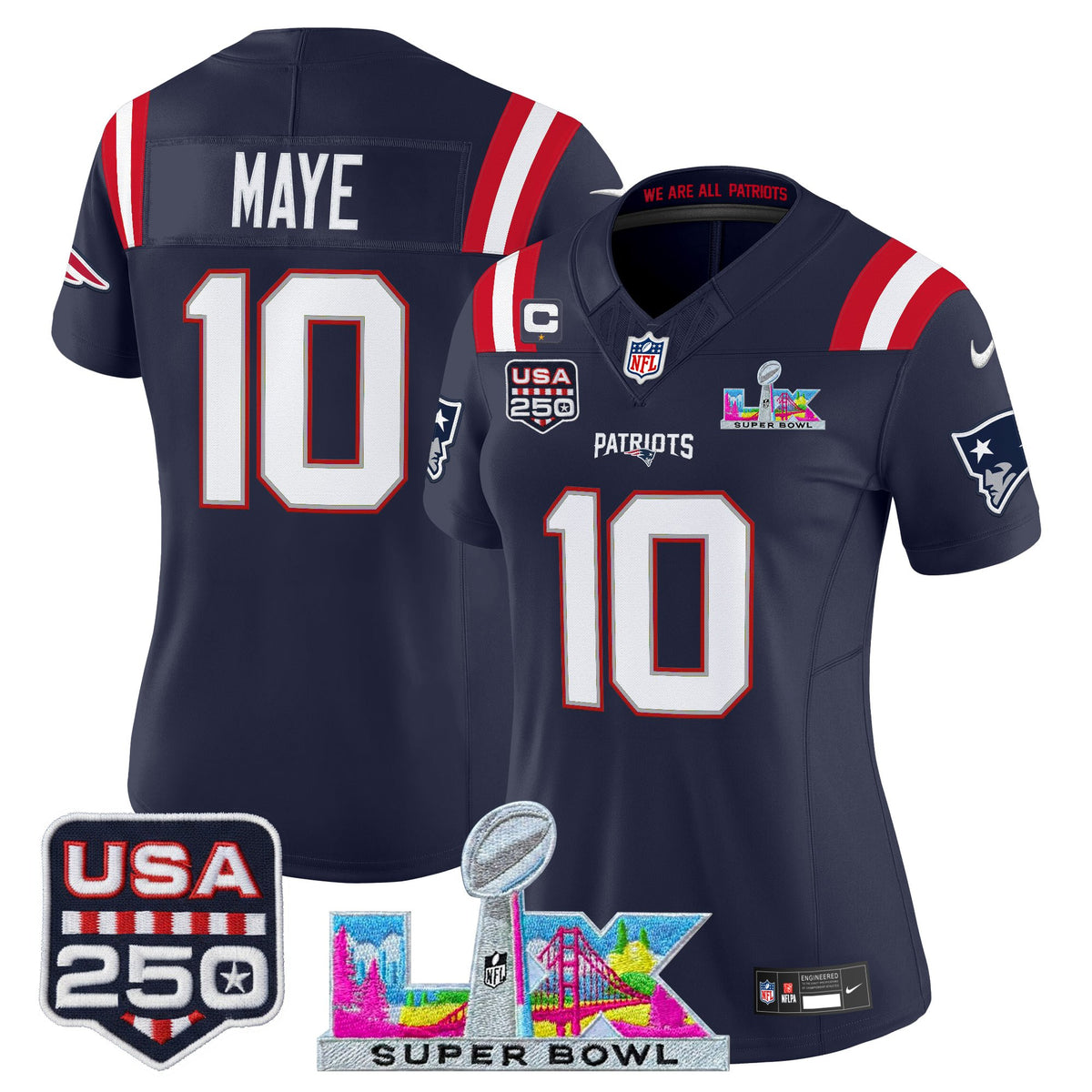 Women's New England Patriots Super Bowl LX & United States 250th Anniversary Patch Vapor Limited Jersey - All Stitched - Navy - Drake Maye — view 1