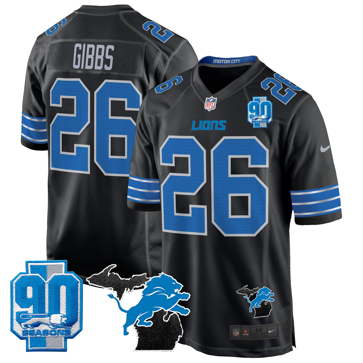 Men's Detroit Lions 2024 Michigan & 90th Year Patch Game Jersey - All Stitched - Black - Jahmyr Gibbs — view 1