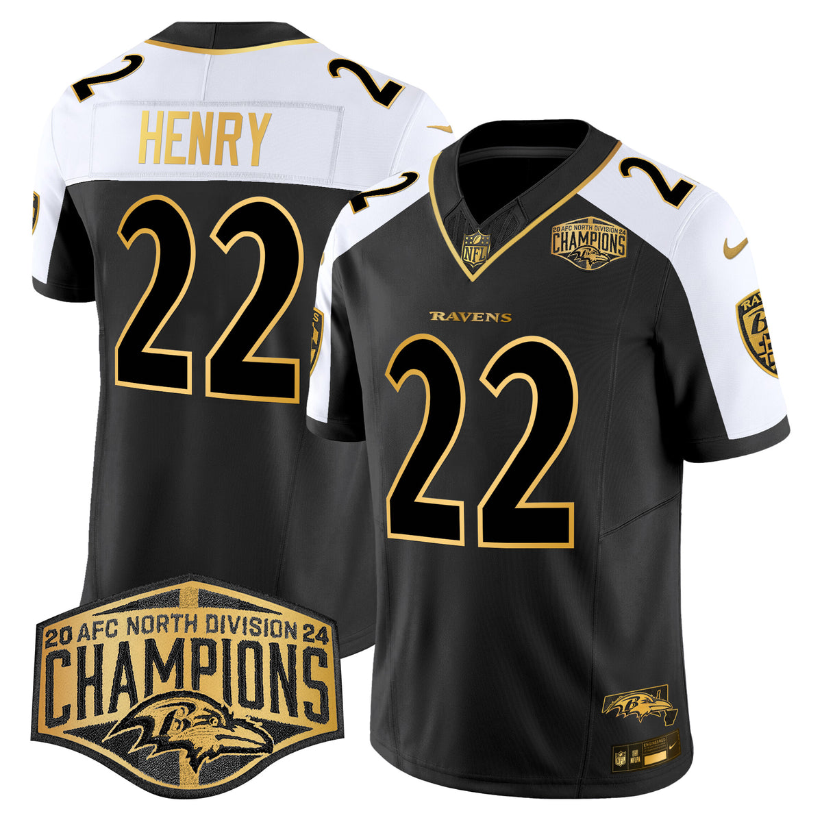 Men's Ravens Maryland 2024 AFC North Division Champions Patch Gold Vapor Limited Jersey - All Stitched - Alternate - Derrick Henry — view 1
